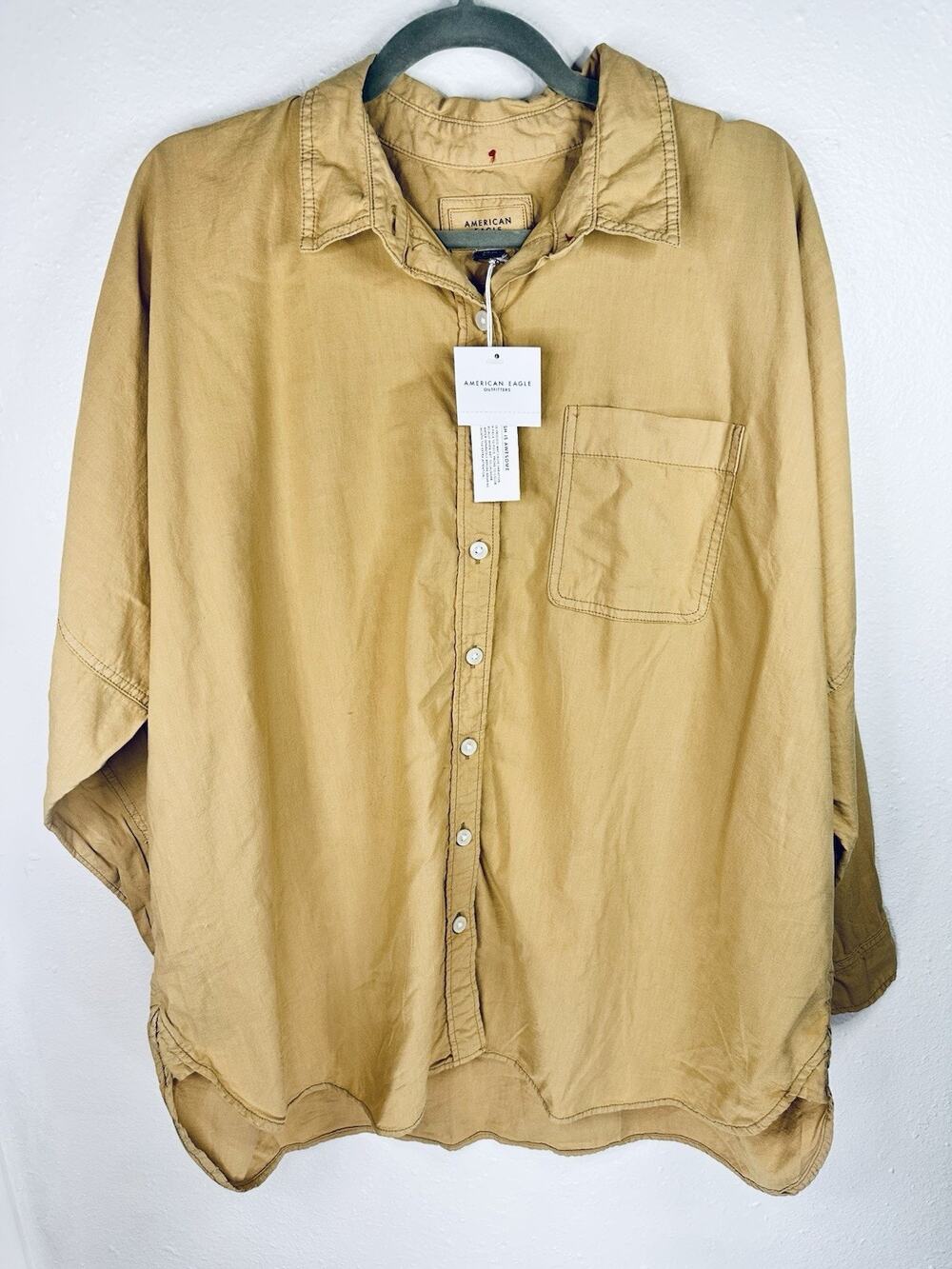 NWT American Eagle Oversized Go Big Button Down Golden Brown Small Long Sleeve